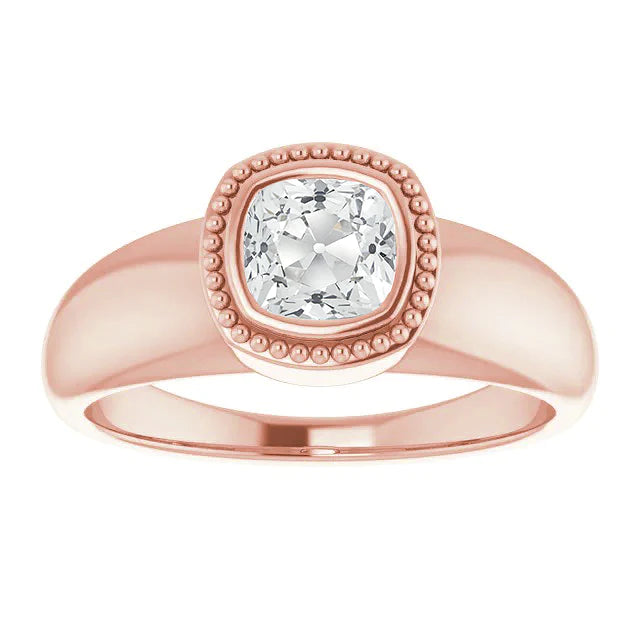 Coussin Vieux Mineur Bague Solitaire Réel Diamant Lunette Style Perlé 2 Carats