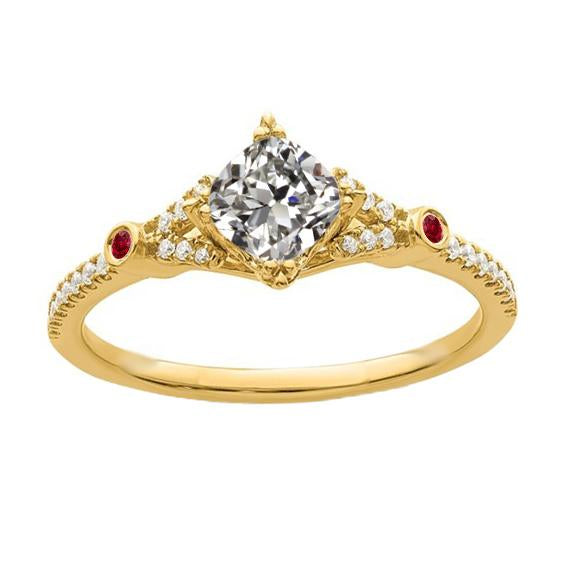 Coussin Vieux Mineur Véritable Diamant & Bague Rubis Rond 3 Carats Or 14K