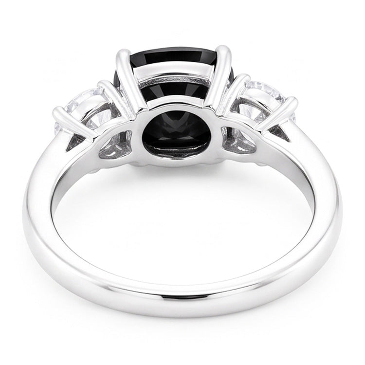 Bague de Fiançailles Trois Pierres en Or Blanc 14 Carats avec Diamant Noir Véritable Taille Coussin 6 Carats