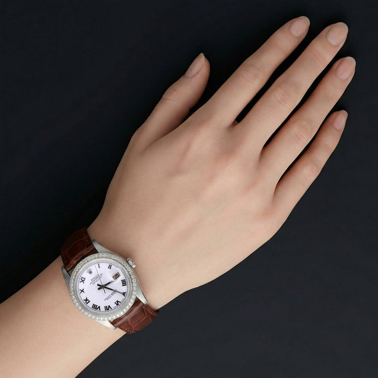 Datejust Rolex Cadran Romain Lunette En Diamant Montre Bracelet En Cuir Marron acier inoxydable ensemble rapide