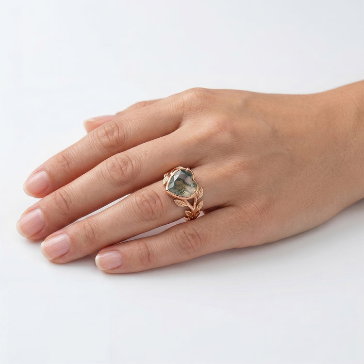 Dendritic Agate Bague avec Gemme – Heart 2 carats Or Rose 14