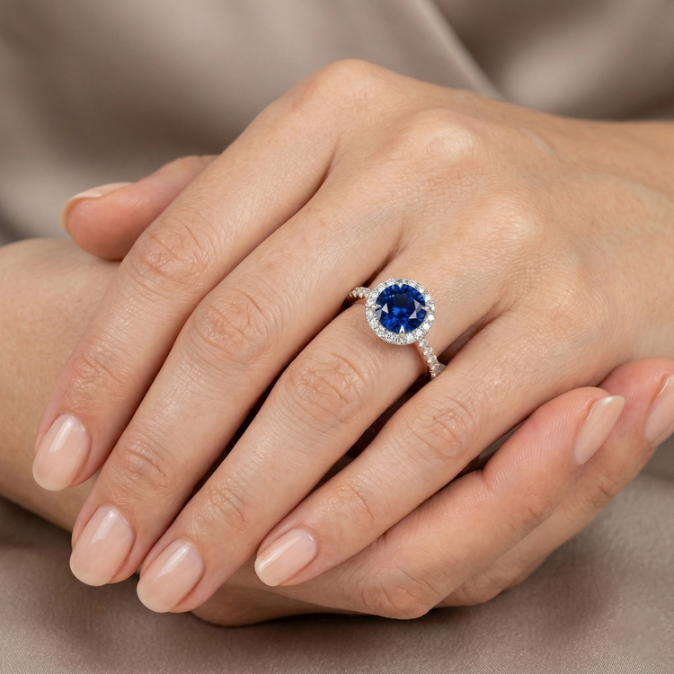 Deux Tons Ensemble de Bagues à Diamants Naturels Extraits des Mines ( et non cultivés en laboratoire ) Halo Saphir Bleu