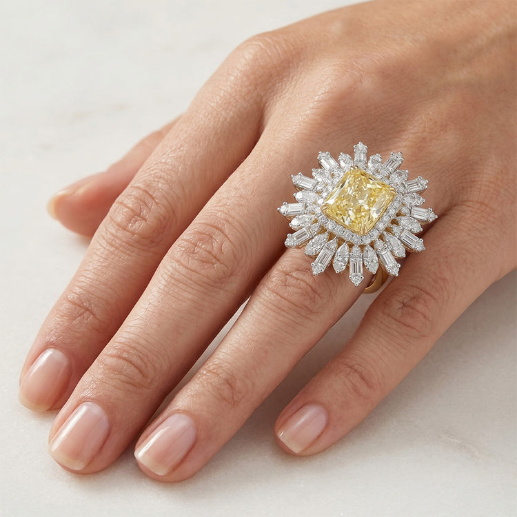 Diamant Jaune Canari Bague Halo – Taille Radiant 4 carats Or 14K