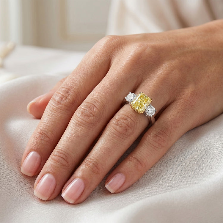 Diamant Jaune Canari VVS Bague Trilogie 2 carats en Or Bicolore