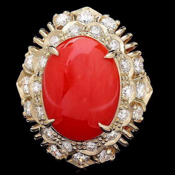 Élégante Bague De Cocktail En Or Corail