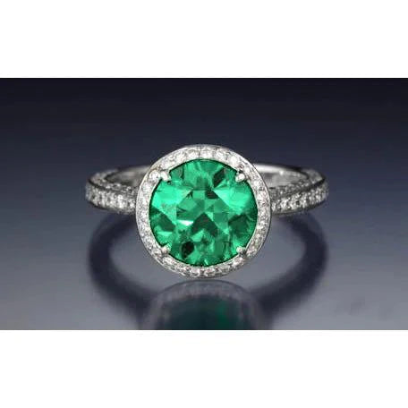 Émeraude Vert Coupe Ronde Avec Bague De Fiançailles En Diamant 8.5 Carats En Or 14K