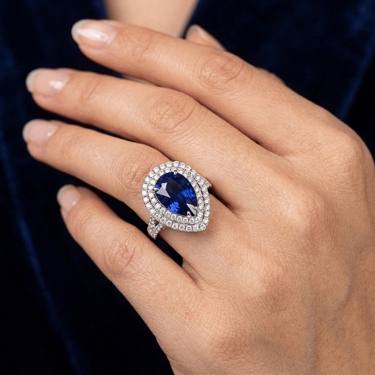 Énorme Bague Saphir Double Halo