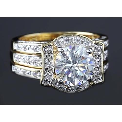 Ensemble Bague Anniversaire 4 Carats Réel Diamant Rond Or Jaune 14K
