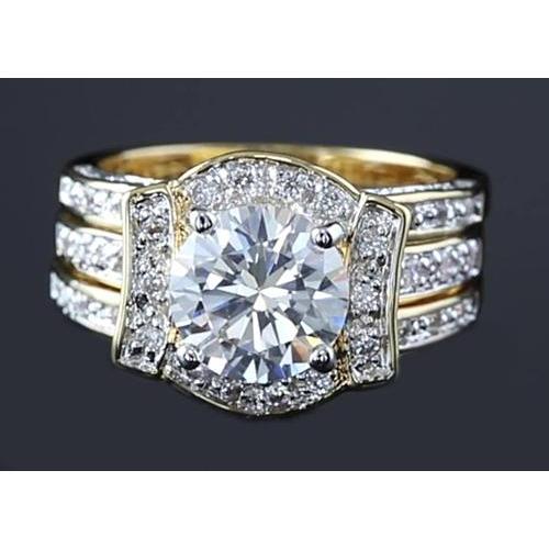Ensemble Bague Anniversaire 4 Carats Réel Diamant Rond Or Jaune 14K