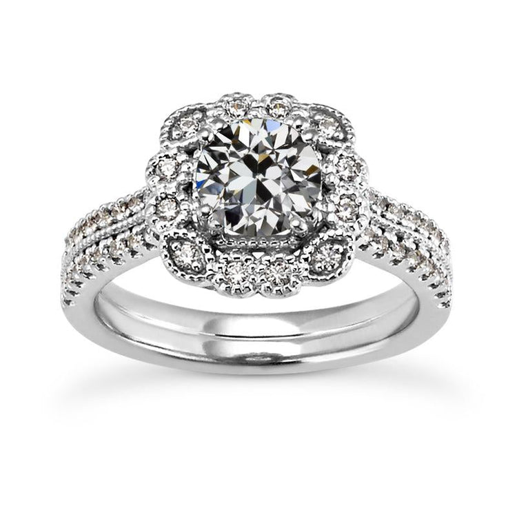Ensemble De Bague De Mariage Halo Ronde Ancienne Mine Cut Véritable Diamond Flower Style 5 Carats