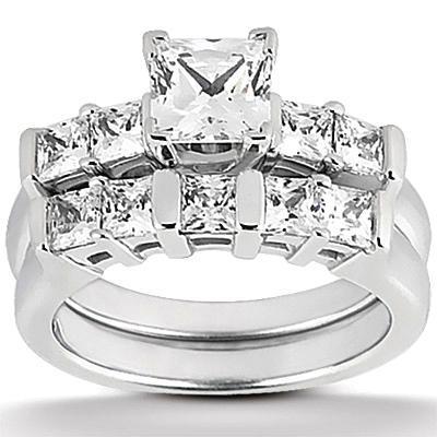 Ensemble De Bagues De fiançailles Réel Diamant Princesse 2.11 Carats Or Blanc 14 Carats