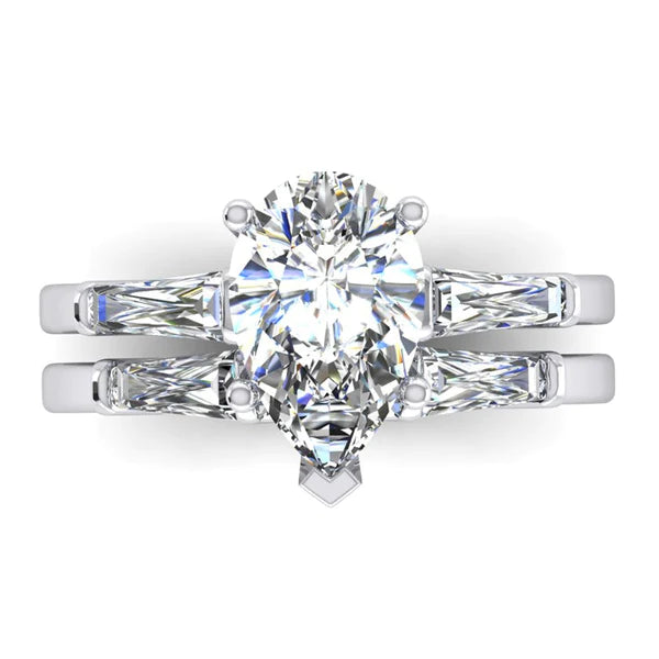 Ensemble d'alliances en Forme de Poire 2,85 Carats Réel Diamant Avec Baguettes
