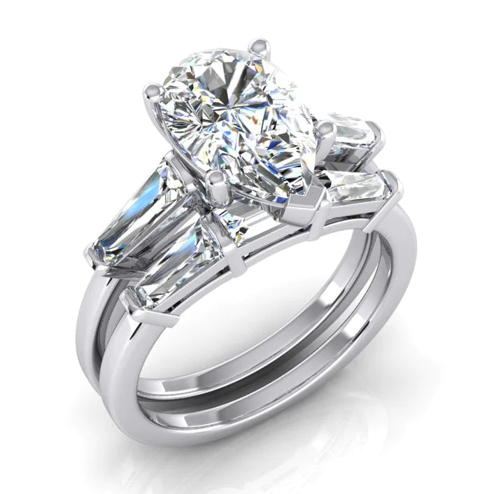 Ensemble d'alliances en Forme de Poire 2,85 Carats Réel Diamant Avec Baguettes