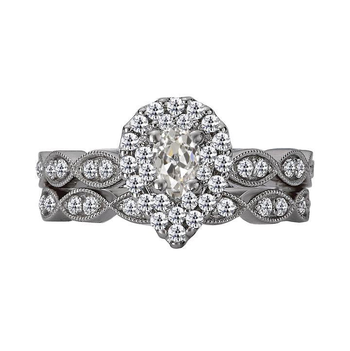 Ensemble de bagues de mariage Halo de Véritable diamants taille vieille mine poire Milgrain 4 carats