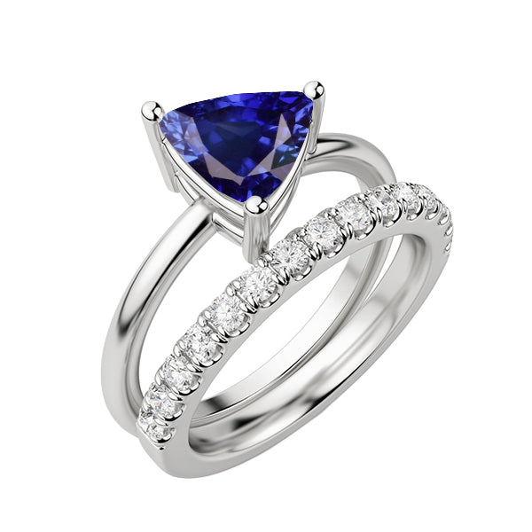 Ensemble Bague de Mariage Diamant Trillion de Saphir Bleu Or 14K