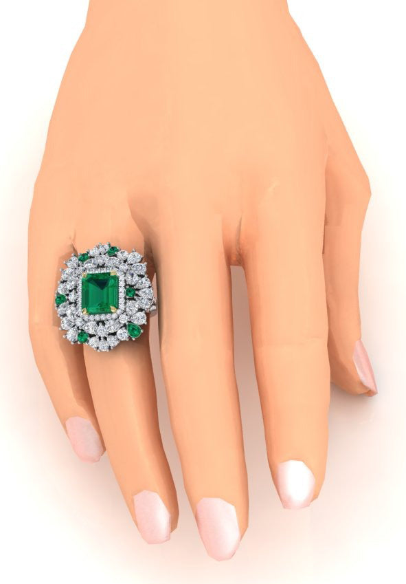 Grande Bague Cocktail Unique avec Émeraude Verte GIA et Diamants Naturels