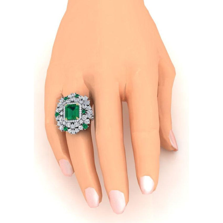 Grande Bague Cocktail Unique avec Émeraude Verte GIA et Diamants Naturels