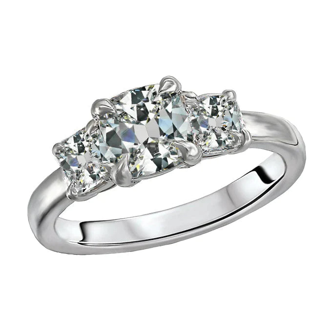 Griffes d'Aigle Trois Pierres Bague Coussin Vieux Mineur Réel Diamant Prong Set 7 Ct