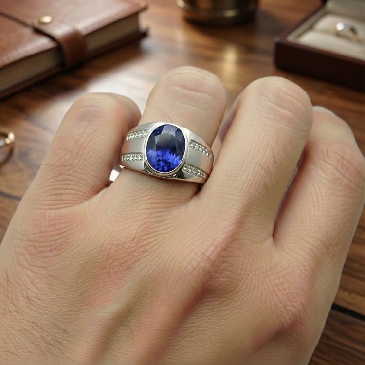 Gypsy Gemstone Vintage Style ovale bleu saphir bague en diamant pour homme
