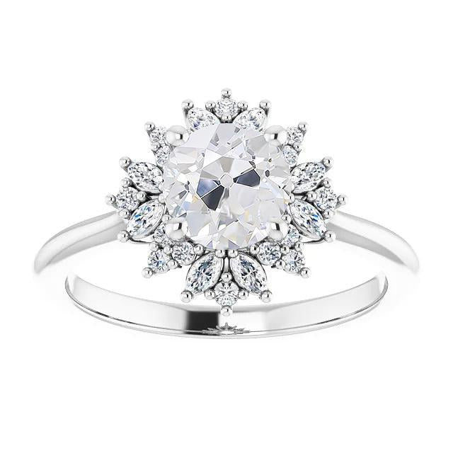 Halo Marquise & Bague Ronde Réel Diamant Taille Vieille Mine Style Fleur 4 Carats