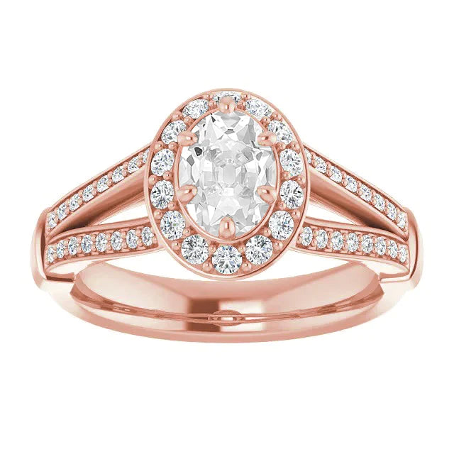 Halo Oval Old Miner Réel Diamond Ring Split Shank 6 Prong Set 4 Caratsbr