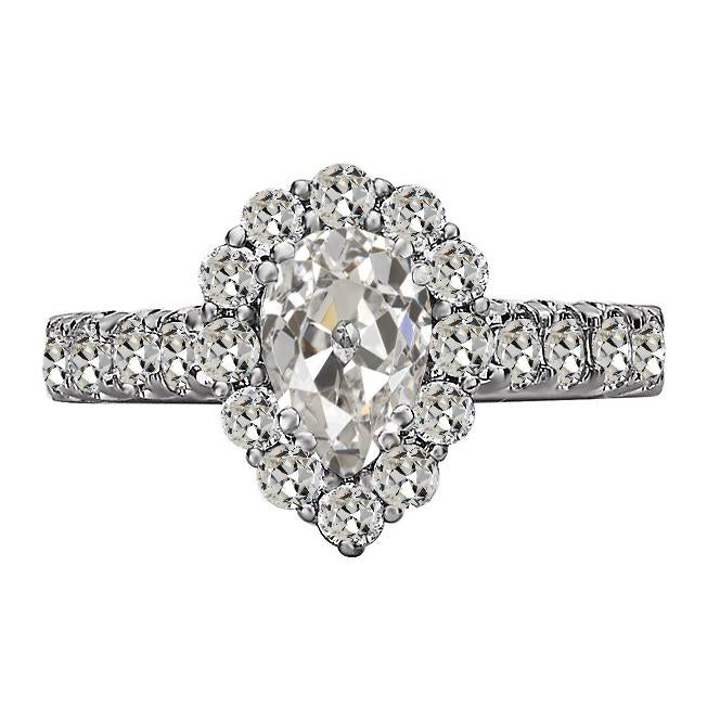 Halo Rond & Poire Bague Anniversaire Naturel Diamant Taille Ancienne Or 6 Carats