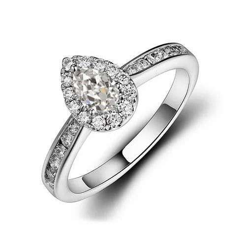 Halo Rond & Poire Bague Réel Diamant Taille Vieille Mine Tige Conique 2.50 Carats