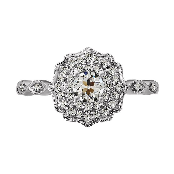Halo Rond Vieux mineur Bague Naturel Diamant Style Fleur Or 14K 3 Carats