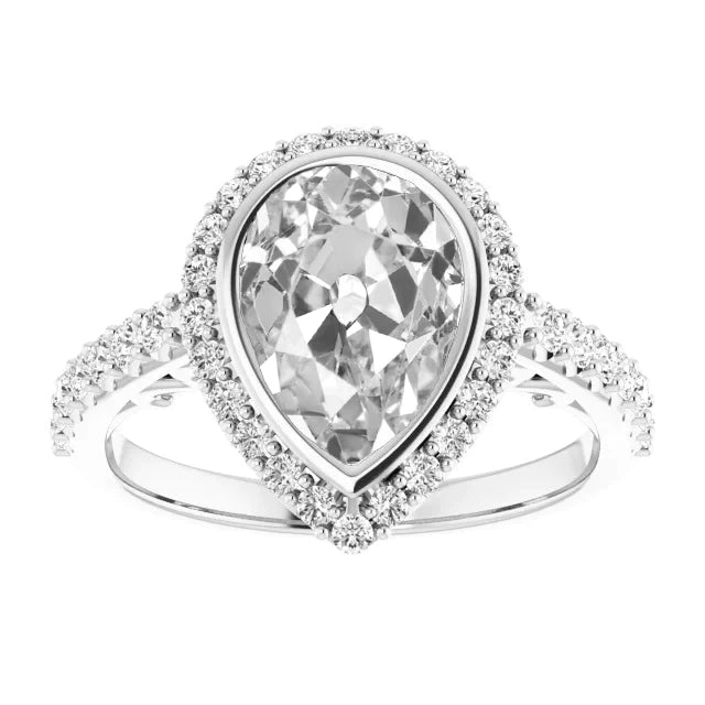 Halo Round & Pear ancienne mine Cut Réel Diamond Ring Bezel Set 6.75 Carats