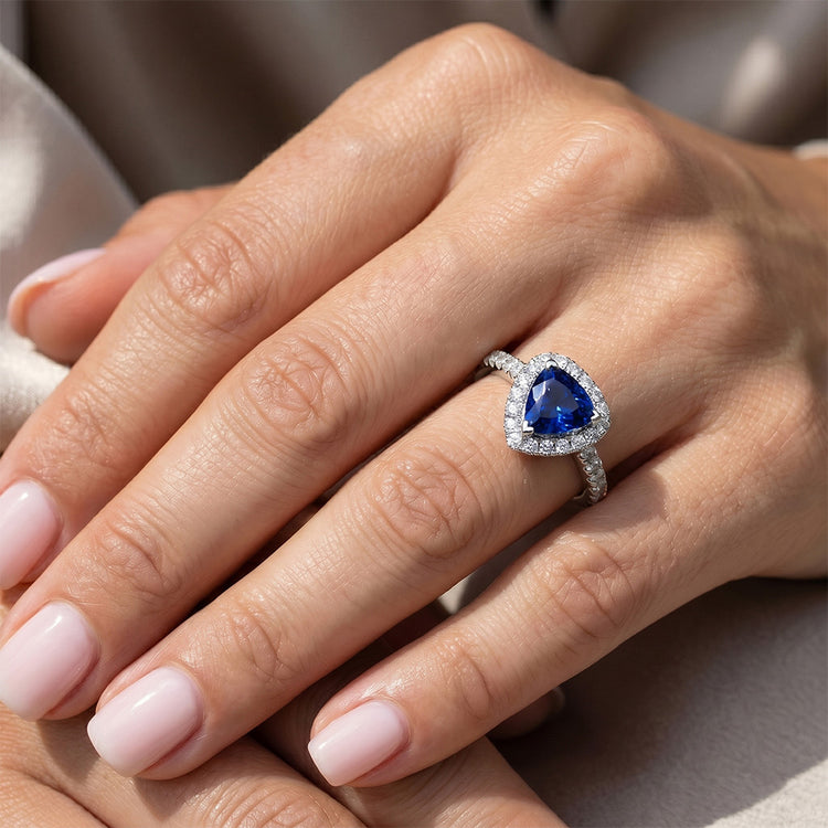 Halo Trillion Diamond Bague Saphir Bleu Foncé 2 Carats Bijoux Or