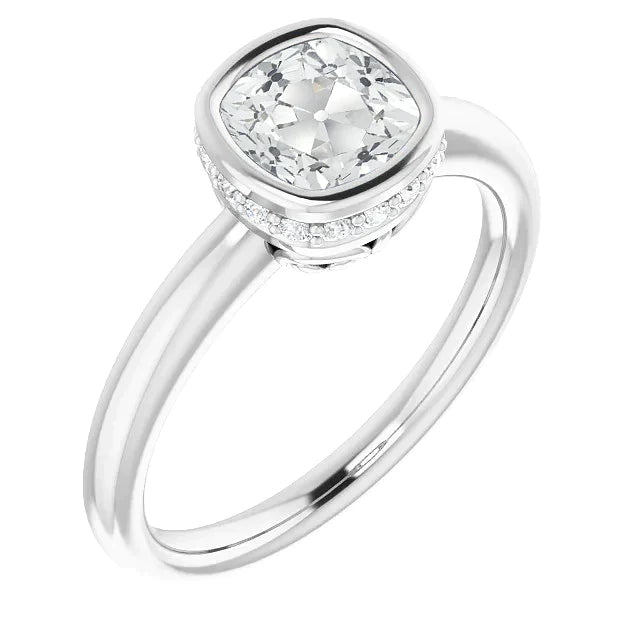 Hidden Halo Bague De Mariage Coussin Old Mine Cut Réel Diamond Bezel Set 5 Ct