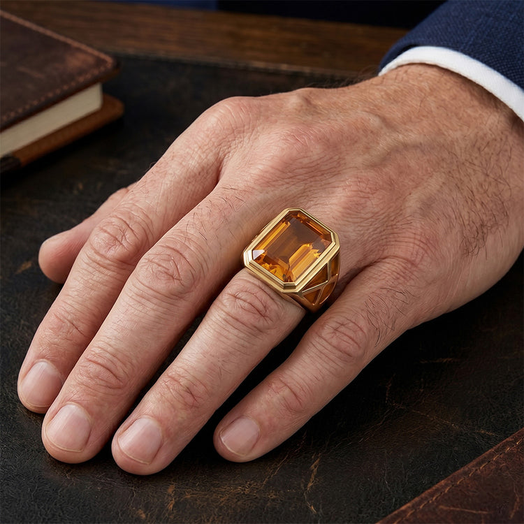 Homme Taille Émeraude Citrine Dorée Bague avec Gemme en Or Jaune