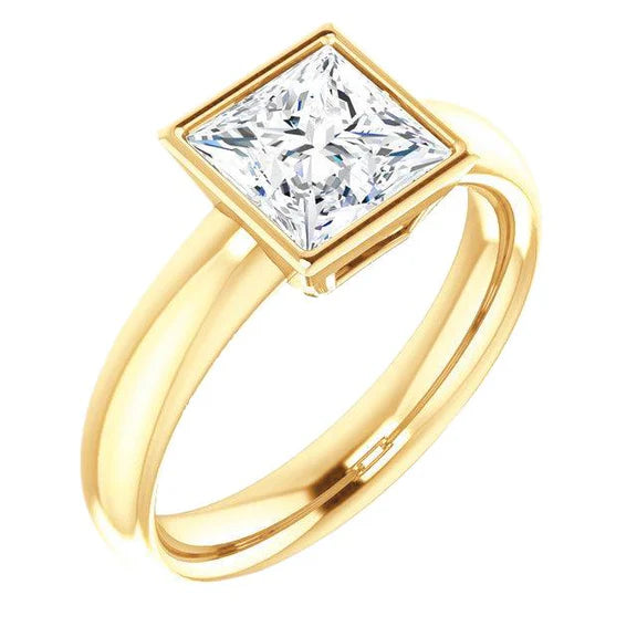 Lunette Sertie 2 Ct. Bague Solitaire Réel Diamant Princesse Or Jaune 14K