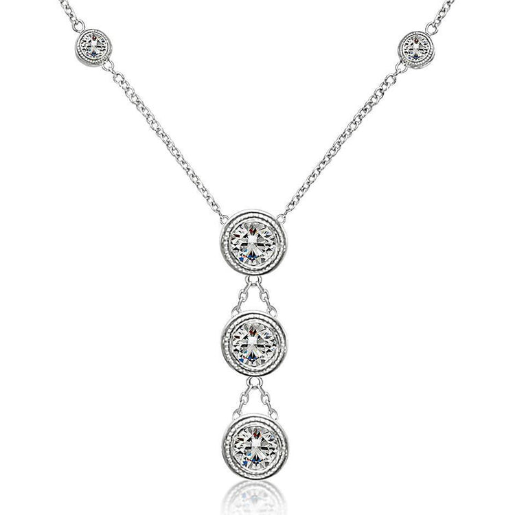 Lunette Sertie Réel Diamant Milligrain 3.15 Ct Collier 46 Cm Or Blanc 14 Carats