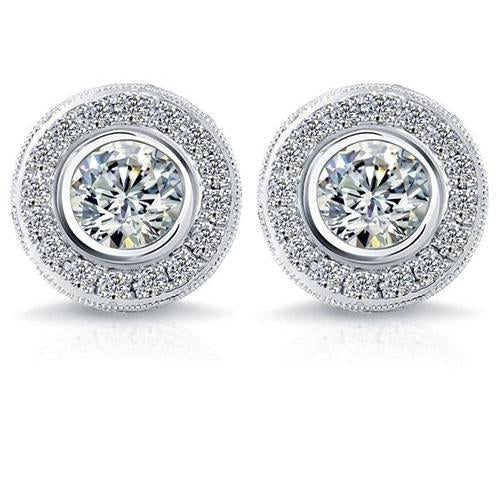 Lunette Sertie Ronde Naturel Diamant 3.40 Carats Boucles D'oreilles En Or Blanc 14K