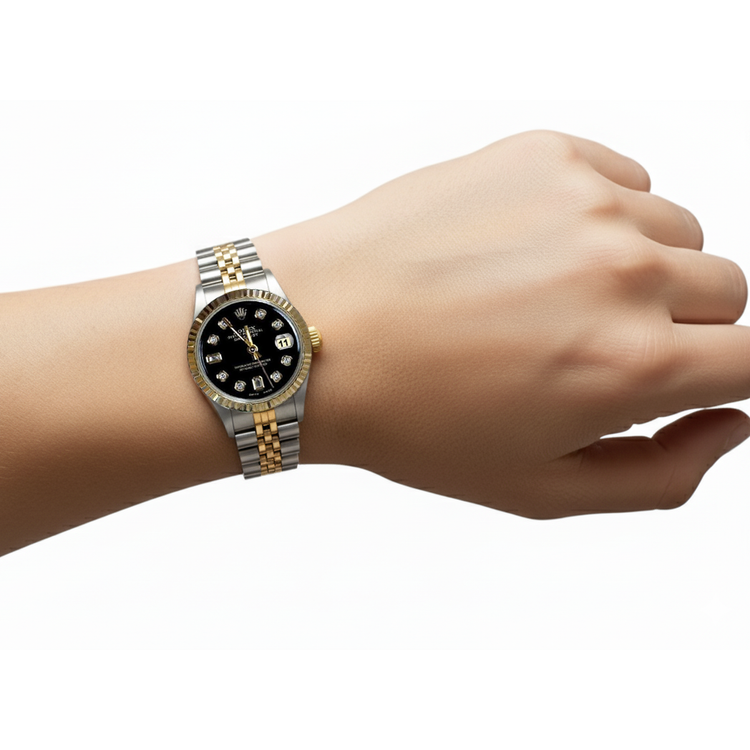 Lunette cannelée Rolex acier inoxydable et or baguette Cadran diamant Montre Datejust P2