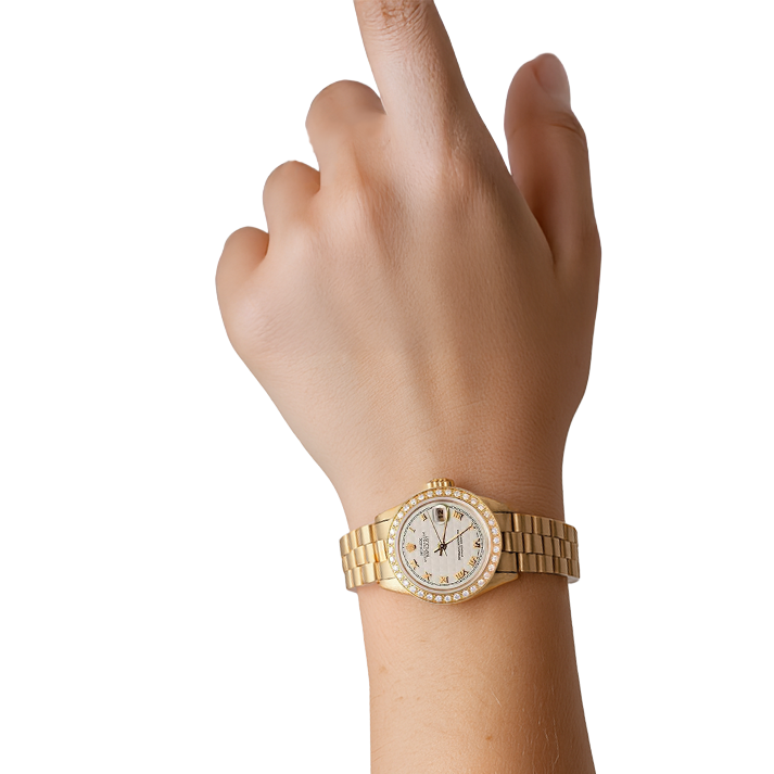 Lunette diamant Pyramide Cadran romain Rolex Datejust montre président still or jaune