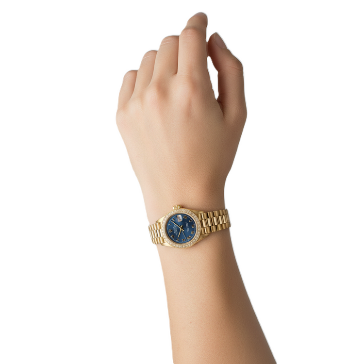 Lunette diamant cadran romain bleu Rolex or jaune président still montre Datejust P2