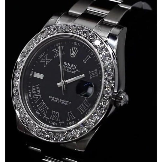 Lunette diamant personnalisée Datejust Ii Montre Rolex Bracelet huître Cadran noir3