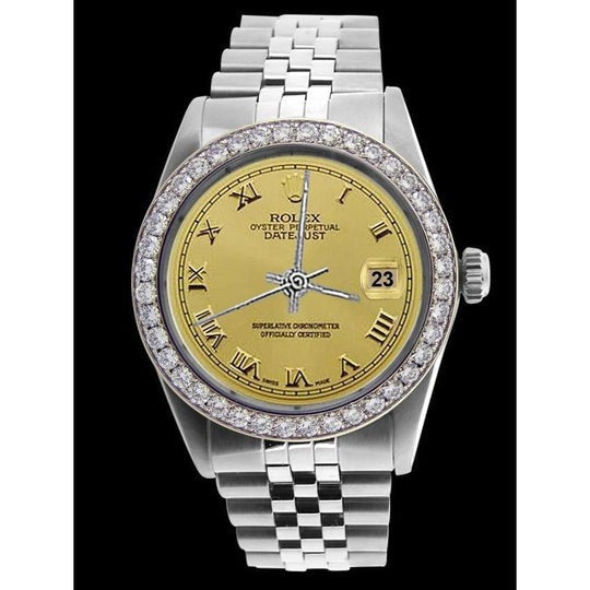 Lunette en diamant Rolex acier inoxydable Champagne Cadran romain Datejust