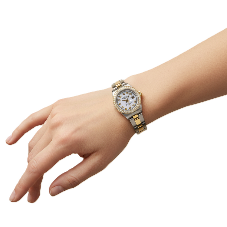 Montre Datejust Rolex pour femme, bracelet huître bicolore, cadran diamant P5