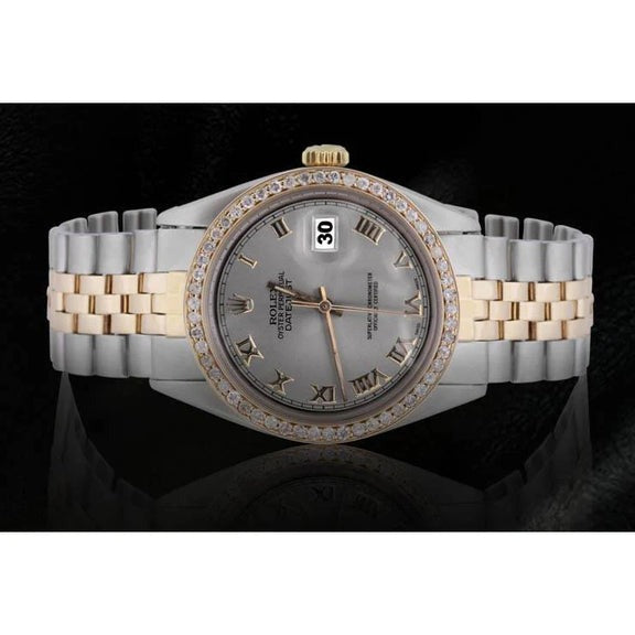 Montre Datejust pour hommes, cadran romain gris, lunette en diamant