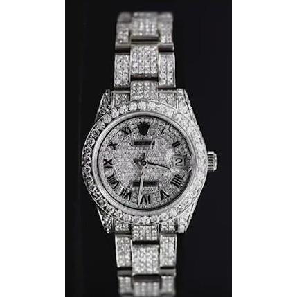 Montre Datejust rolex de taille moyenne, lunette en diamant personnalisée, diamant glacé 6 carats. acier inoxydable