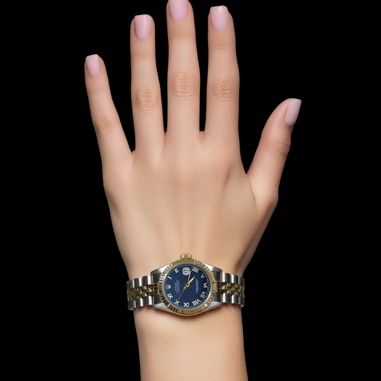 Montre Femme Datejust à Lunette Cannelée Bicolore Cadran Romain Bleu Rolex P2