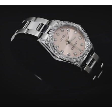 Montre Rolex à Cadran Rose Lunette En Diamant Personnalisée Taille Moyenne 31 mm Sans date acier inoxydable2