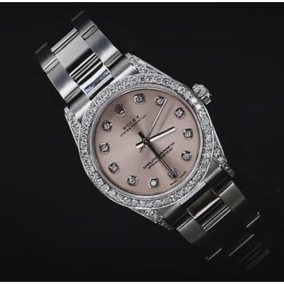 Montre Rolex à Cadran Rose Lunette En Diamant Personnalisée Taille Moyenne 31 mm Sans date acier inoxydable