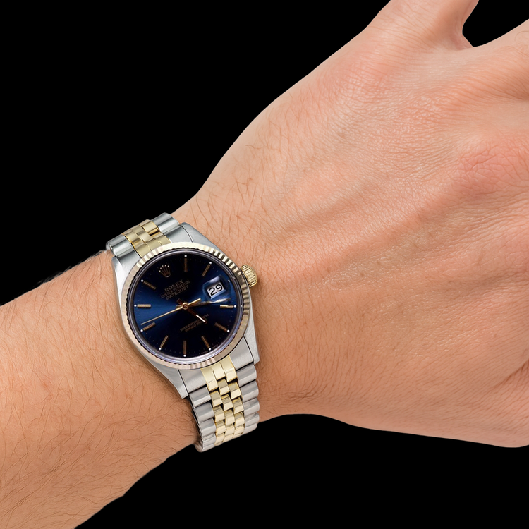 Montre Rolex Date Just à deux tons, cadran bleu, Oyster, jubilé perpétuel, réglage rapide