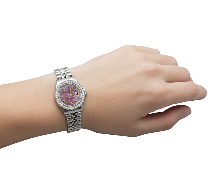 Montre Rolex Date Just perpétuelle avec cadran bordeaux et lunette en acier inoxydable Jubilee pour femme P2