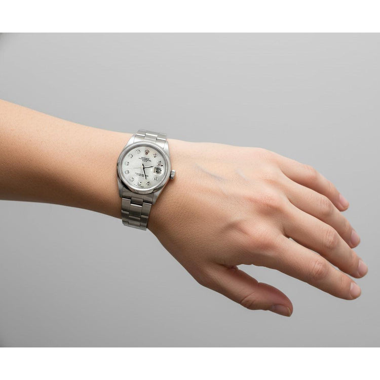 Montre Rolex Date en acier inoxydable avec cadran en nacre blanche et diamants de 34 mm