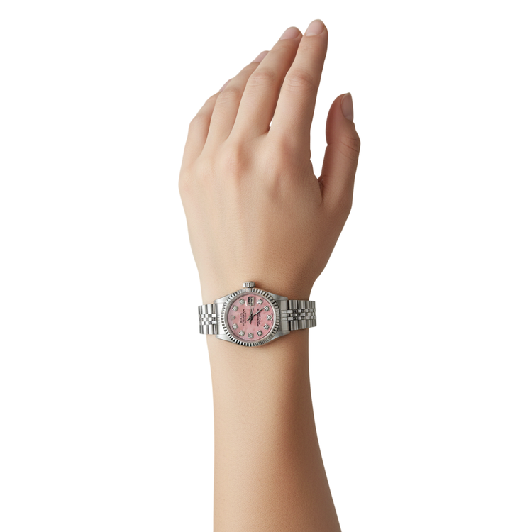 Montre Rolex Datejust 26 mm en acier inoxydable avec cadran en nacre rose et diamants